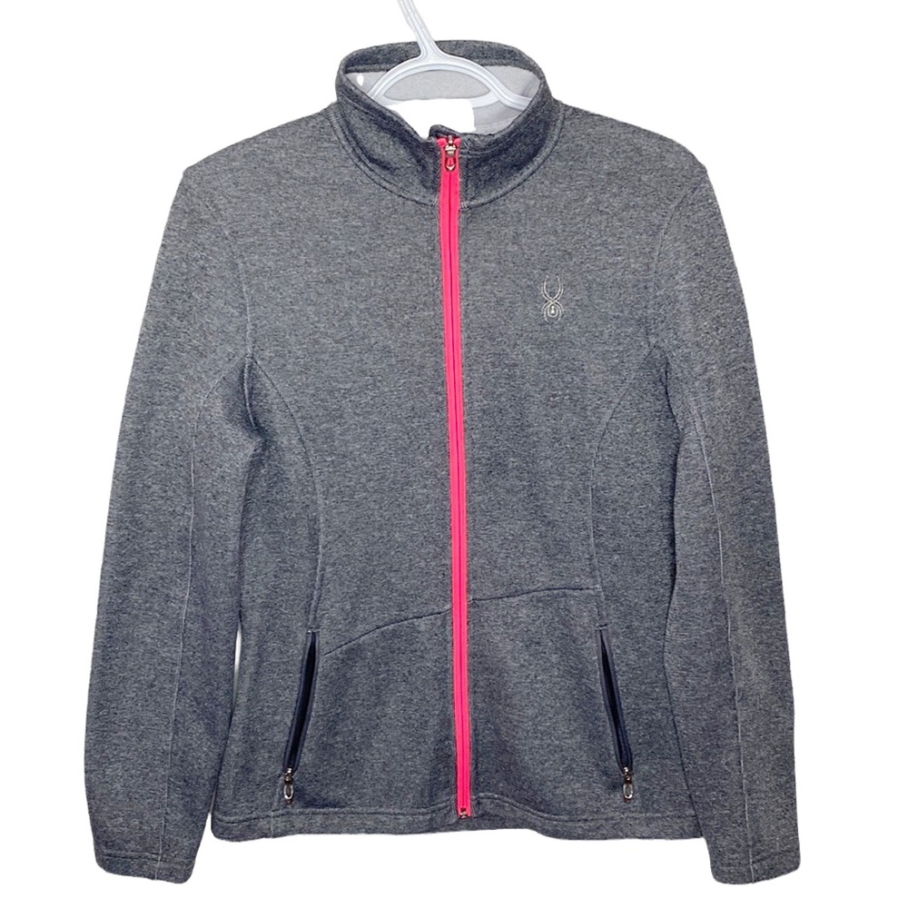 Spyder core sweater heathered grey and neon pink full zip soft shell jacket sz L